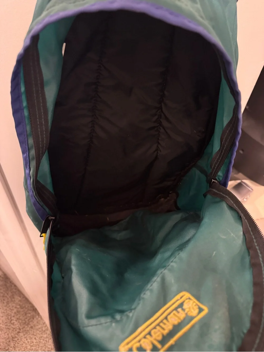 Vintage Coleman Green & Blue Backpack with Yellow Accents